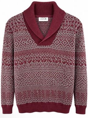 Lacoste men’s Shawl Collar Fair Isle Sweater - Wine and Light Gray